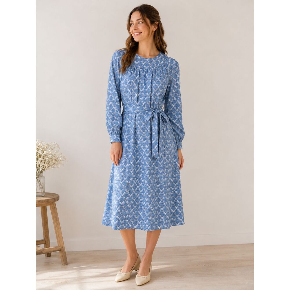 Vintage Handmade Blue Geometric Long Sleeve Midi Dress w/ Tie Waist